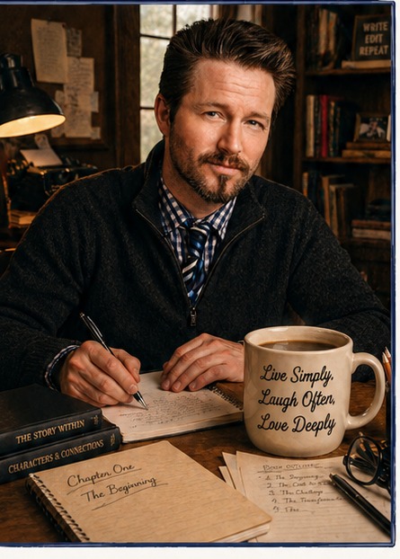 Portrait of author Douglas L. Smith writing at his desk